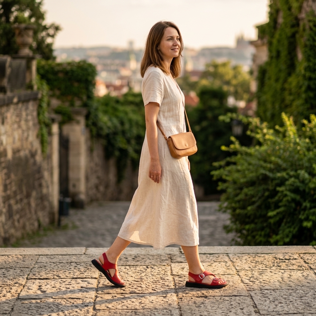 A woman walking in red leather sandals on a sunlit stone street